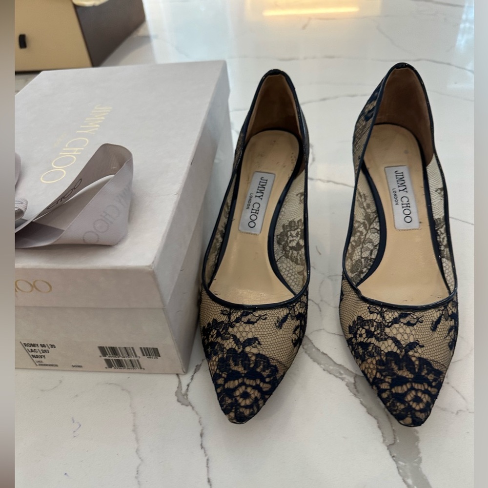 Jimmy Choo Romy navy lace heels 2.5 heel